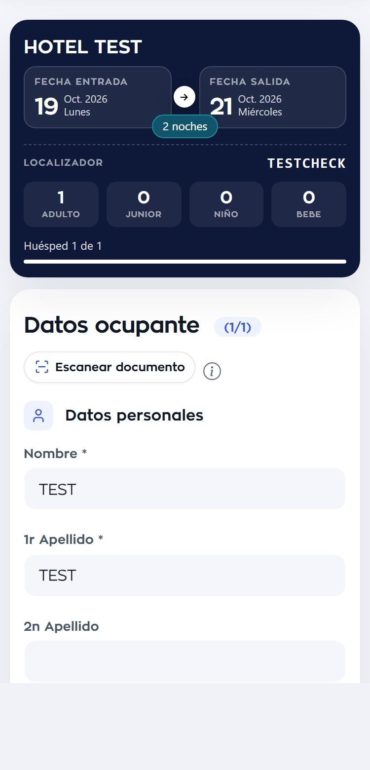 Check-in online de GUEST con el resumen de la reserva y los datos del ocupante