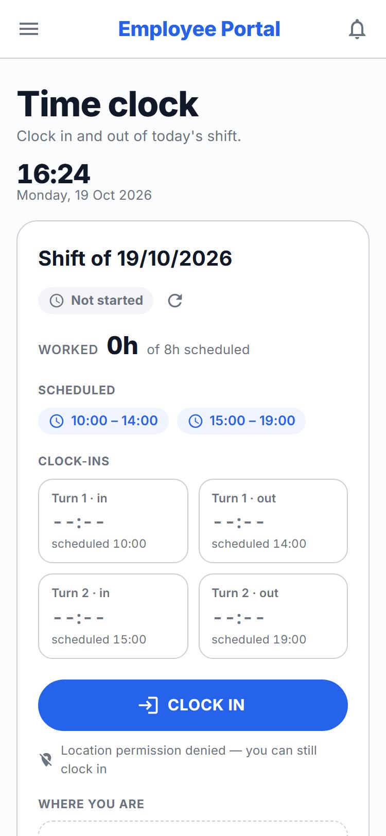 Clocking in for the day in the GUEST Employee portal