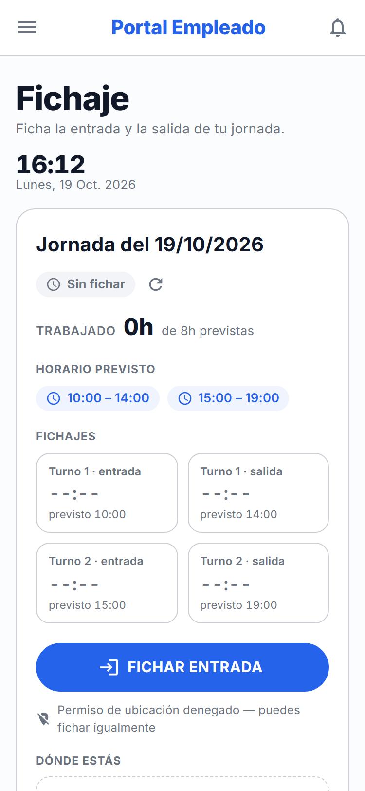 Fichaje de la jornada en el Portal del empleado de GUEST