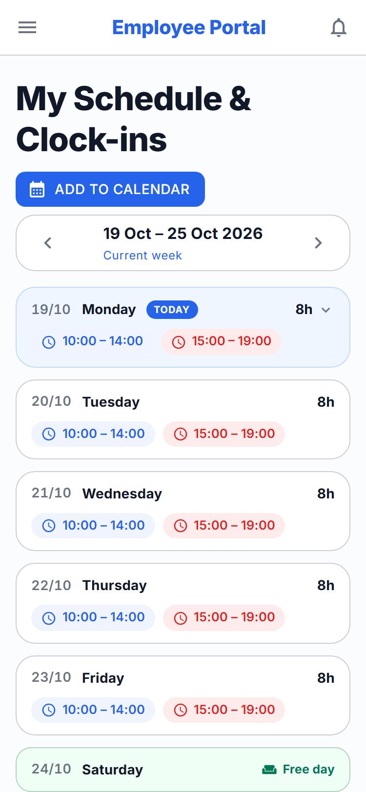 An employee's weekly schedule in the GUEST Employee portal