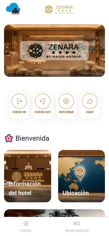 Home screen of the GUEST WebApp for a demo hotel, with check-in, check-out, explore and chat shortcuts