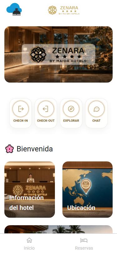 Pantalla de inicio de la WebApp de GUEST de un hotel de demostración, con accesos a check-in, check-out, explorar y chat